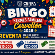 Afiche de preventa del Bingo de la Kermés Familiar Cervellón 2026, organizado por CENPA, con valores de cartones y fechas de preventa.