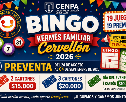 Afiche de preventa del Bingo de la Kermés Familiar Cervellón 2026, organizado por CENPA, con valores de cartones y fechas de preventa.
