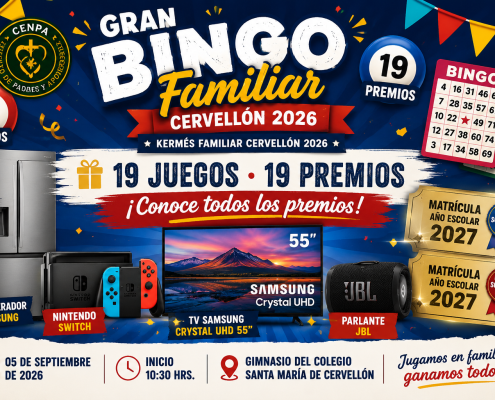Afiche oficial con los 19 premios del Gran Bingo Familiar Cervellón 2026
