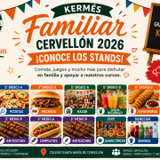 Afiche Kermés Familiar Cervellón 2026 con los stands de los cursos y organizaciones participantes, incluyendo comida, bebidas, bazar, juegos típicos y cafetería. Evento sábado 5 de septiembre en el Colegio Santa María de Cervellón.