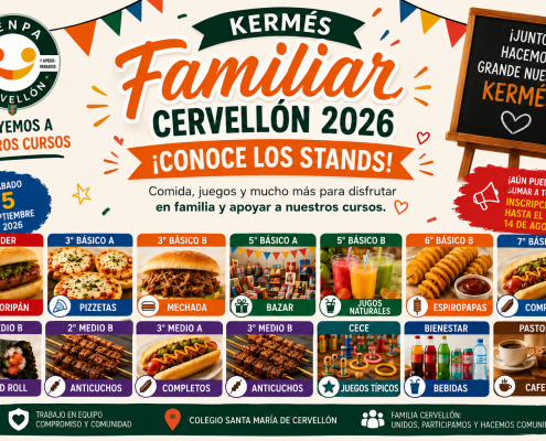 Afiche Kermés Familiar Cervellón 2026 con los stands de los cursos y organizaciones participantes, incluyendo comida, bebidas, bazar, juegos típicos y cafetería. Evento sábado 5 de septiembre en el Colegio Santa María de Cervellón.